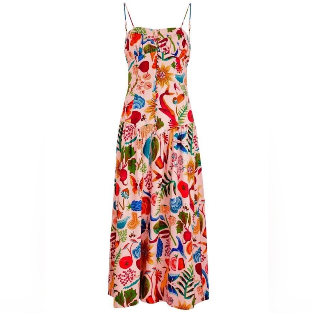FARM Rio Floral Fruit Pattern Lenzing Ecovero Euroflax Maxi Dress Size L NWT